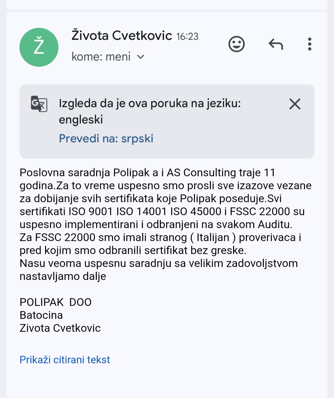 Original recommendation - POLIPAK DOO